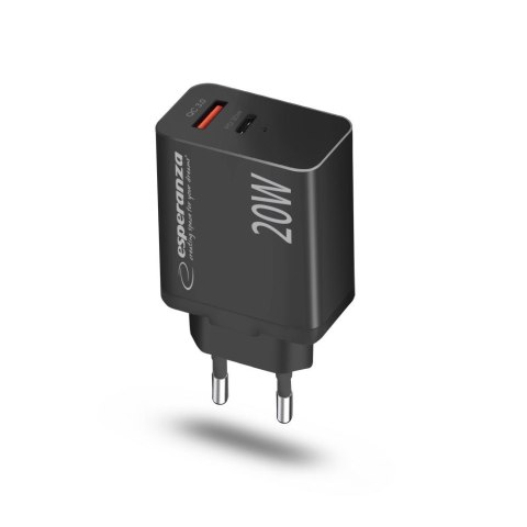 ESPERANZA ŁADOWARKA SIECIOWA 20W USB-C PD 20W / USB-A QC 3.0 18W CZARNA EZC105K ESPERANZA ŁADOWARKA SIECIOWA 20W USB-C PD 20W / USB-A QC 3.0 18W CZARNA EZC105K