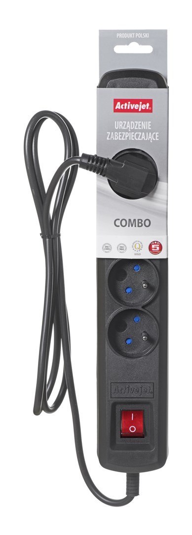 Listwa przeciwprzepięciowa Activejet 5gn/1,5m/cz (10A; 2300W) 1,5m; kolor czarny Listwa przeciwprzepięciowa Activejet 5gn/1,5m/cz (10A; 2300W) 1,5m; kolor czarny