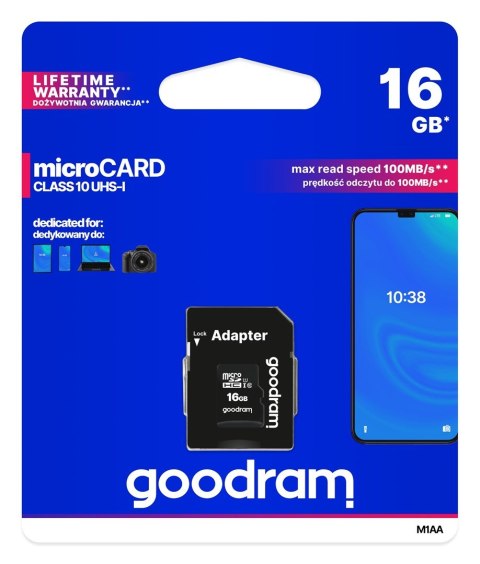 Karta pamięci GoodRam M1AA-0160R12 (16GB; Class 10, Class U1; Adapter, Karta pamięci) Karta pamięci GoodRam M1AA-0160R12 (16GB; Class 10, Class U1; Adapter, Karta pamięci)