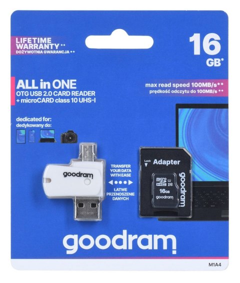 Karta pamięci z adapterem i czytnikiem kart GoodRam All in one M1A4-0160R12 (16GB; Class 10; Adapter, Czytnik kart MicroSDHC, Ka Karta pamięci z adapterem i czytnikiem kart GoodRam All in one M1A4-0160R12 (16GB; Class 10; Adapter, Czytnik kart MicroSDHC, Ka