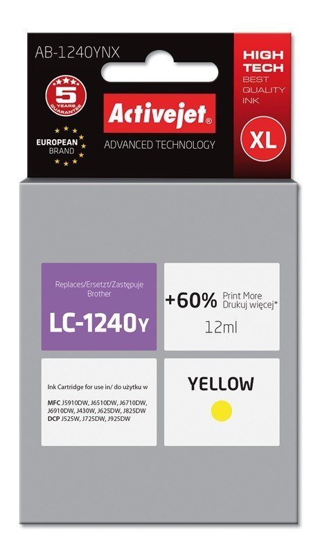 Activejet AB-1240YNX Tusz (zamiennik Brother LC1240Y/1220Y; Supreme; 12 ml; żółty) Activejet AB-1240YNX Tusz (zamiennik Brother LC1240Y/1220Y; Supreme; 12 ml; żółty)