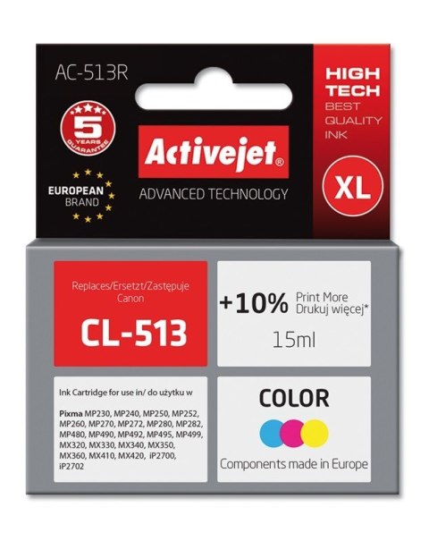 Activejet AC-513R Tusz (zamiennik Canon CL-513; Premium; 15 ml; kolor) Activejet AC-513R Tusz (zamiennik Canon CL-513; Premium; 15 ml; kolor)