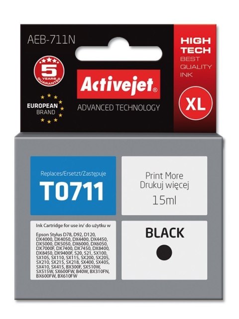 Activejet AEB-711N Tusz (zamiennik Epson T0711, T0891, T1001; Supreme; 15 ml; czarny) Activejet AEB-711N Tusz (zamiennik Epson T0711, T0891, T1001; Supreme; 15 ml; czarny)