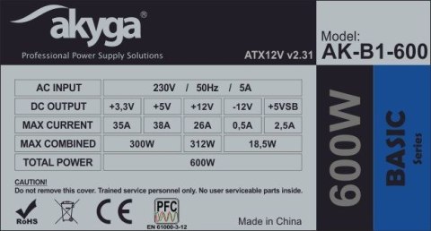 Zasilacz Akyga Basic AK-B1-600 (600 W; Pasywne; 120 mm) Zasilacz Akyga Basic AK-B1-600 (600 W; Pasywne; 120 mm)