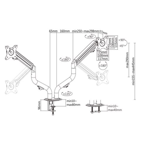 GEMBIRD BIURKOWE REGULOWANE RAMIĘ/UCHWYT NA 2 MONITORY 17-32, 100X100MM, DO 8 KG GEMBIRD BIURKOWE REGULOWANE RAMIĘ/UCHWYT NA 2 MONITORY 17-32, 100X100MM, DO 8 KG