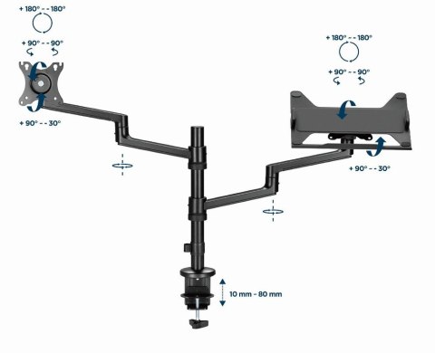 GEMBIRD BIURKOWE REGULOWANE RAMIĘ/UCHWYT NA MONITOR + PODSTAWKA NA NOTEBOOKA 17-32, VESA 100X100MM, DO 8 KG GEMBIRD BIURKOWE REGULOWANE RAMIĘ/UCHWYT NA MONITOR + PODSTAWKA NA NOTEBOOKA 17-32, VESA 100X100MM, DO 8 KG