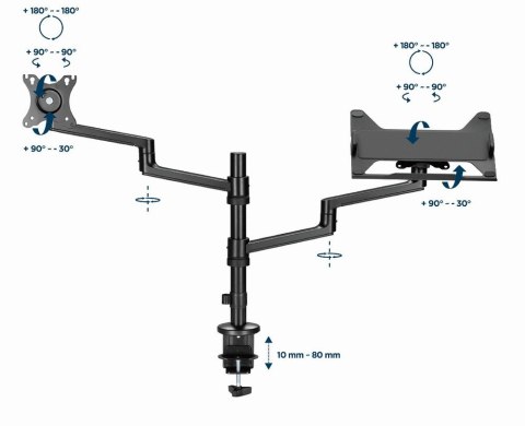 GEMBIRD BIURKOWE REGULOWANE RAMIĘ/UCHWYT NA MONITOR + PODSTAWKA NA NOTEBOOKA 17-32, VESA 100X100MM, DO 8 KG GEMBIRD BIURKOWE REGULOWANE RAMIĘ/UCHWYT NA MONITOR + PODSTAWKA NA NOTEBOOKA 17-32, VESA 100X100MM, DO 8 KG