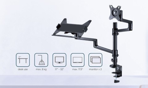 GEMBIRD BIURKOWE REGULOWANE RAMIĘ/UCHWYT NA MONITOR + PODSTAWKA NA NOTEBOOKA 17-32, VESA 100X100MM, DO 8 KG GEMBIRD BIURKOWE REGULOWANE RAMIĘ/UCHWYT NA MONITOR + PODSTAWKA NA NOTEBOOKA 17-32, VESA 100X100MM, DO 8 KG