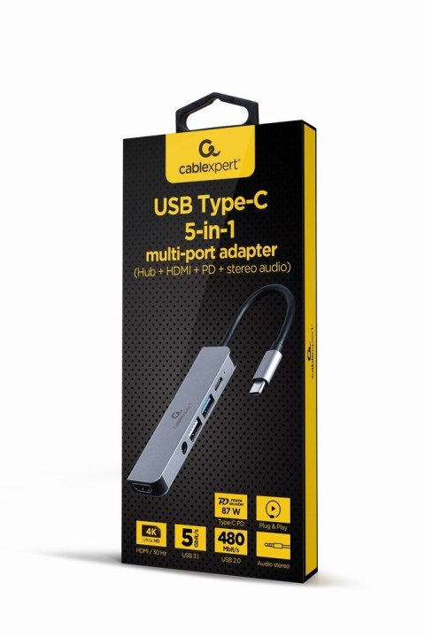 GEMBIRD MULTI ADAPTER USB TYP-C 5W1 (HUB + HDMI + PD + DŹWIĘK STEREO) SREBRNY GEMBIRD MULTI ADAPTER USB TYP-C 5W1 (HUB + HDMI + PD + DŹWIĘK STEREO) SREBRNY