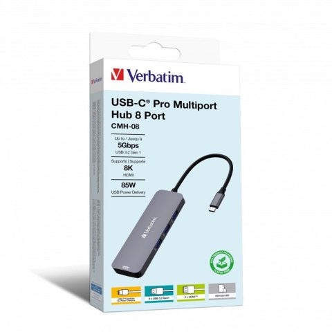 Verbatim CMH-08 USB Type-C 5000 Mbit/s Srebrny Verbatim CMH-08 USB Type-C 5000 Mbit/s Srebrny