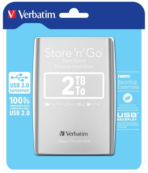 Verbatim Store 'n' Go zewnętrzny dysk twarde 2,05 TB 5400 RPM Micro-USB B 3.2 Gen 1 (3.1 Gen 1) Srebrny Verbatim Store 'n' Go zewnętrzny dysk twarde 2,05 TB 5400 RPM Micro-USB B 3.2 Gen 1 (3.1 Gen 1) Srebrny