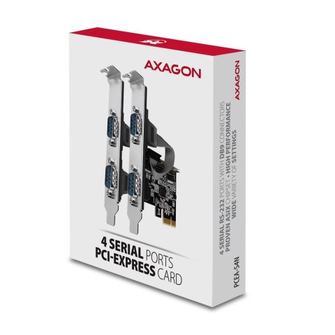 Axagon PCEA-PSN PCIe- mit 4x Seriell-Ports - ASIX AX99100 Chipsatz adapter Wewnętrzny RS-232 Axagon PCEA-PSN PCIe- mit 4x Seriell-Ports - ASIX AX99100 Chipsatz adapter Wewnętrzny RS-232