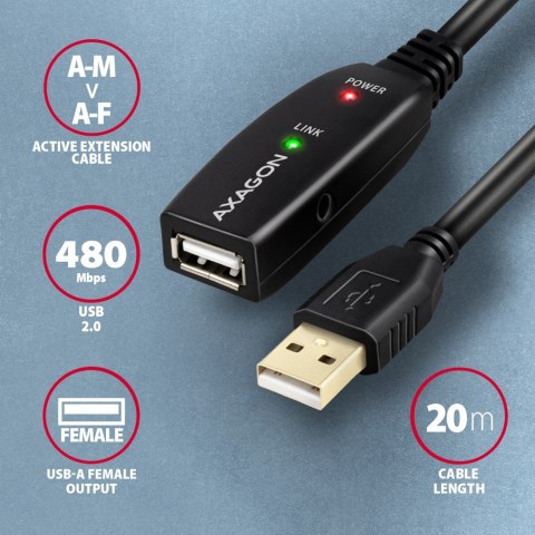 Axagon ADR-220 USB 2.0 A-M -> A-F active extension/repeater cable 20m - Kabel - Digital/Daten kabel USB USB A Czarny Axagon ADR-220 USB 2.0 A-M -> A-F active extension/repeater cable 20m - Kabel - Digital/Daten kabel USB USB A Czarny