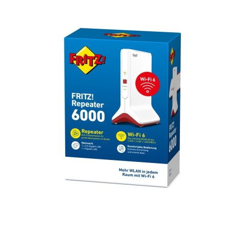 FRITZ!Repeater 6000 router bezprzewodowy Ethernet Tri-band (2.4 GHz/5 GHz/5 GHz) Czerwony, Biały FRITZ!Repeater 6000 router bezprzewodowy Ethernet Tri-band (2.4 GHz/5 GHz/5 GHz) Czerwony, Biały