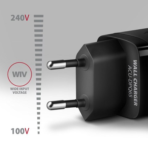AXAGON ACU-DPQ65 Ładowarka sieciowa, GaN 65W, 3x port (USB-A + dual USB-C), PD3.0/QC4+/PPS/Apple AXAGON ACU-DPQ65 Ładowarka sieciowa, GaN 65W, 3x port (USB-A + dual USB-C), PD3.0/QC4+/PPS/Apple