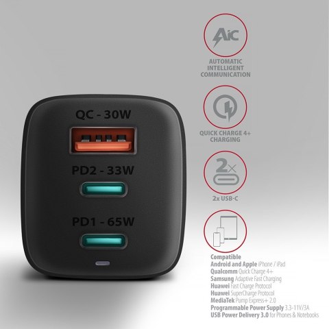 AXAGON ACU-DPQ65 Ładowarka sieciowa, GaN 65W, 3x port (USB-A + dual USB-C), PD3.0/QC4+/PPS/Apple AXAGON ACU-DPQ65 Ładowarka sieciowa, GaN 65W, 3x port (USB-A + dual USB-C), PD3.0/QC4+/PPS/Apple