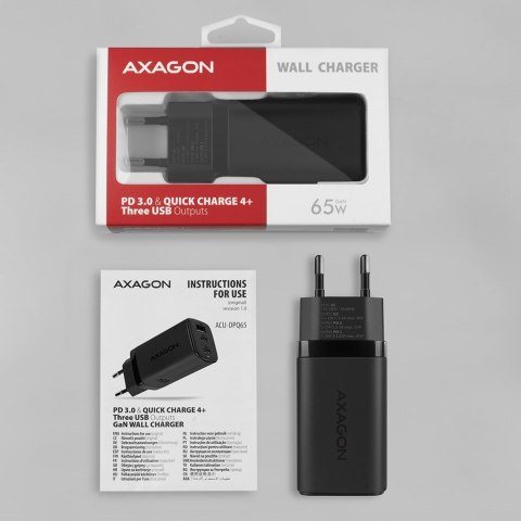 AXAGON ACU-DPQ65 Ładowarka sieciowa, GaN 65W, 3x port (USB-A + dual USB-C), PD3.0/QC4+/PPS/Apple AXAGON ACU-DPQ65 Ładowarka sieciowa, GaN 65W, 3x port (USB-A + dual USB-C), PD3.0/QC4+/PPS/Apple
