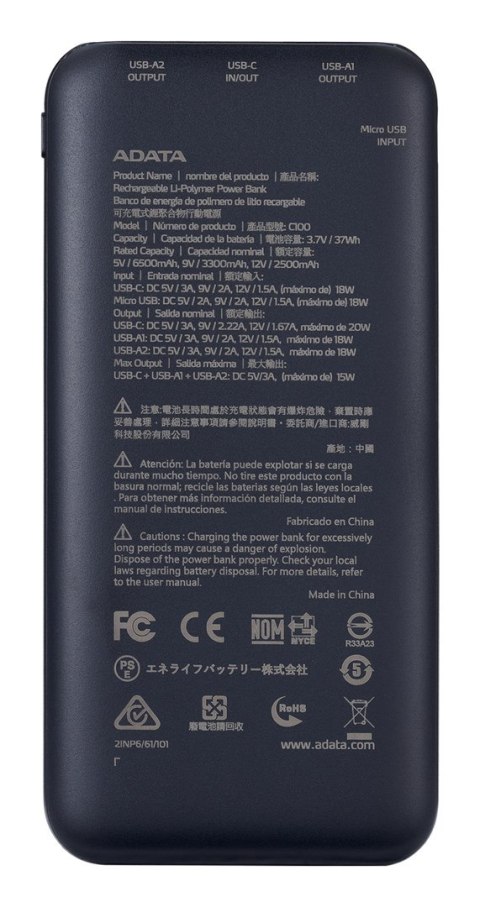 ADATA C100 Litowo-polimerowy (LiPo) 10000 mAh Czarny ADATA C100 Litowo-polimerowy (LiPo) 10000 mAh Czarny