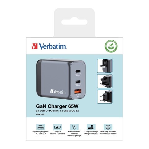 Ładowarka sieciowa Verbatim GaN GNC-65 2xUSB-C Uniwersalna Ładowarka sieciowa Verbatim GaN GNC-65 2xUSB-C Uniwersalna