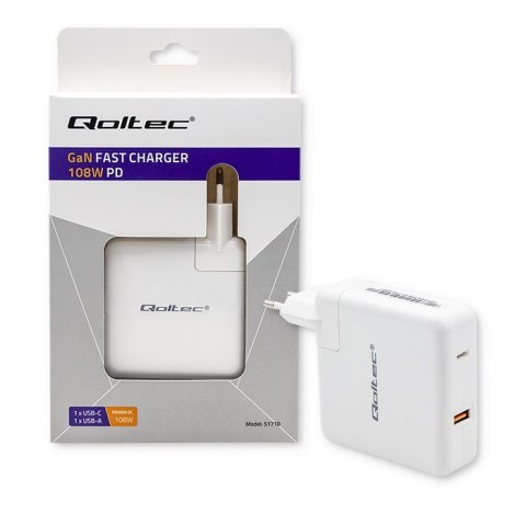 Qoltec Ładowarka GaN FAST 108W | 5-20V | 3-4.7A | USB C | Biała Qoltec Ładowarka GaN FAST 108W | 5-20V | 3-4.7A | USB C | Biała