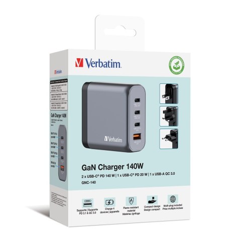 Verbatim GaN charger 140W, 1x USB-A, 3x USB-C Verbatim GaN charger 140W, 1x USB-A, 3x USB-C