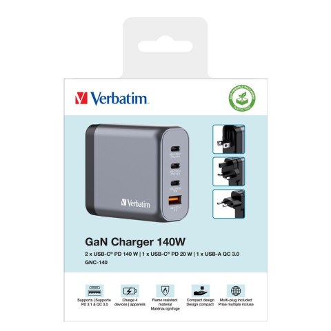 Verbatim GaN charger 140W, 1x USB-A, 3x USB-C Verbatim GaN charger 140W, 1x USB-A, 3x USB-C