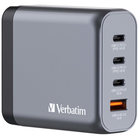 Verbatim GaN charger 140W, 1x USB-A, 3x USB-C Verbatim GaN charger 140W, 1x USB-A, 3x USB-C