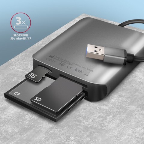 Axagon CRE-S3 External card reader USB-A 3.2 Gen 1 3-slot & lun SD/microSD/CF czytnik kart USB 3.2 Gen 1 (3.1 Gen 1) Type-A Szar Axagon CRE-S3 External card reader USB-A 3.2 Gen 1 3-slot & lun SD/microSD/CF czytnik kart USB 3.2 Gen 1 (3.1 Gen 1) Type-A Szar