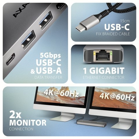 AXAGON HMC-7HX2 Hub USB, 2x USB-A, 1x USB-C, 2x HDMI 2.0, 1x RJ45, 100 W PD - srebrny AXAGON HMC-7HX2 Hub USB, 2x USB-A, 1x USB-C, 2x HDMI 2.0, 1x RJ45, 100 W PD - srebrny