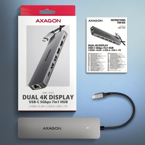 AXAGON HMC-7HX2 Hub USB, 2x USB-A, 1x USB-C, 2x HDMI 2.0, 1x RJ45, 100 W PD - srebrny AXAGON HMC-7HX2 Hub USB, 2x USB-A, 1x USB-C, 2x HDMI 2.0, 1x RJ45, 100 W PD - srebrny