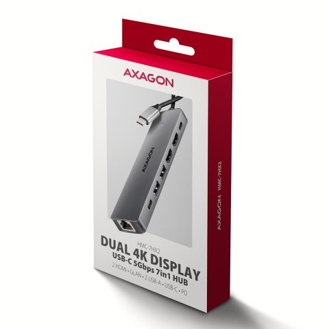 AXAGON HMC-7HX2 Hub USB, 2x USB-A, 1x USB-C, 2x HDMI 2.0, 1x RJ45, 100 W PD - srebrny AXAGON HMC-7HX2 Hub USB, 2x USB-A, 1x USB-C, 2x HDMI 2.0, 1x RJ45, 100 W PD - srebrny