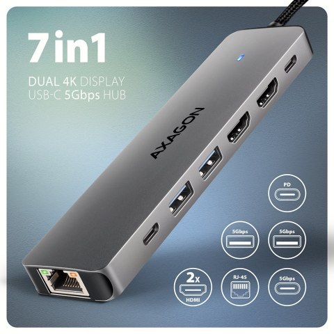 AXAGON HMC-7HX2 Hub USB, 2x USB-A, 1x USB-C, 2x HDMI 2.0, 1x RJ45, 100 W PD - srebrny AXAGON HMC-7HX2 Hub USB, 2x USB-A, 1x USB-C, 2x HDMI 2.0, 1x RJ45, 100 W PD - srebrny