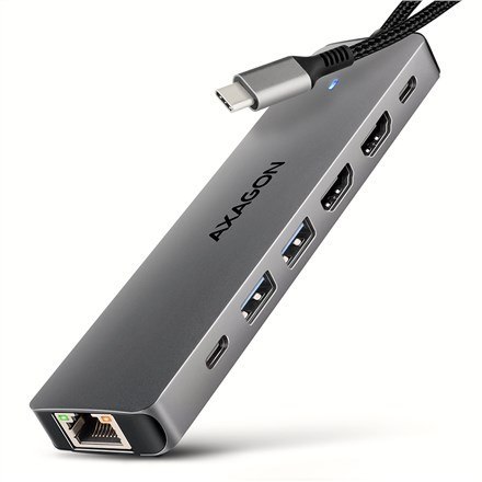 AXAGON HMC-7HX2 Hub USB, 2x USB-A, 1x USB-C, 2x HDMI 2.0, 1x RJ45, 100 W PD - srebrny AXAGON HMC-7HX2 Hub USB, 2x USB-A, 1x USB-C, 2x HDMI 2.0, 1x RJ45, 100 W PD - srebrny