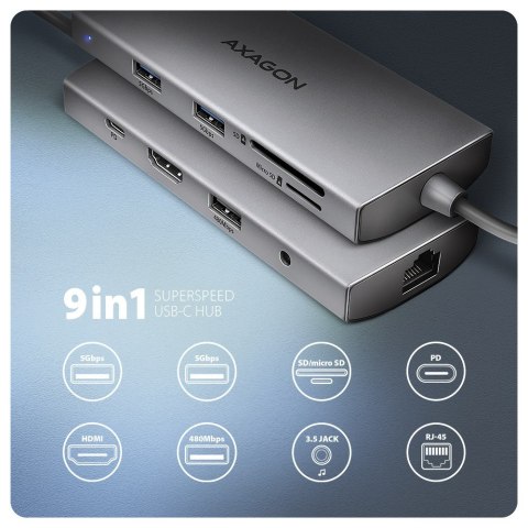 AXAGON HMC-8HLSA Wieloportowy koncentrator USB-C 3.2 Gen 1, 3x USB-A + 4K/60Hz HDMI + SD/microSD, Gigabit LAN, Audio, PD 100W - AXAGON HMC-8HLSA Wieloportowy koncentrator USB-C 3.2 Gen 1, 3x USB-A + 4K/60Hz HDMI + SD/microSD, Gigabit LAN, Audio, PD 100W -