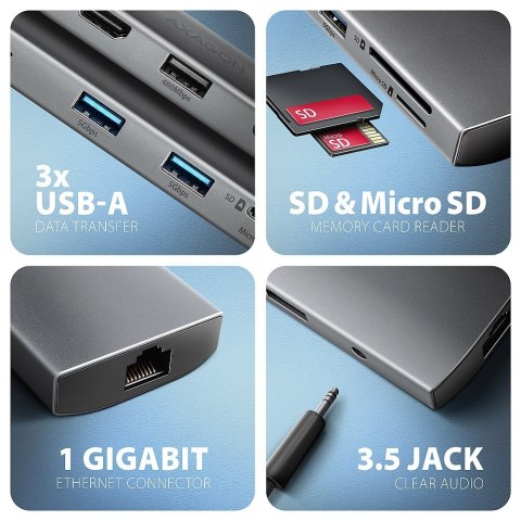 AXAGON HMC-8HLSA Wieloportowy koncentrator USB-C 3.2 Gen 1, 3x USB-A + 4K/60Hz HDMI + SD/microSD, Gigabit LAN, Audio, PD 100W - AXAGON HMC-8HLSA Wieloportowy koncentrator USB-C 3.2 Gen 1, 3x USB-A + 4K/60Hz HDMI + SD/microSD, Gigabit LAN, Audio, PD 100W -