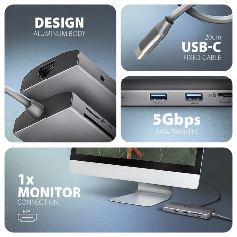 AXAGON HMC-8HLSA Wieloportowy koncentrator USB-C 3.2 Gen 1, 3x USB-A + 4K/60Hz HDMI + SD/microSD, Gigabit LAN, Audio, PD 100W - AXAGON HMC-8HLSA Wieloportowy koncentrator USB-C 3.2 Gen 1, 3x USB-A + 4K/60Hz HDMI + SD/microSD, Gigabit LAN, Audio, PD 100W -