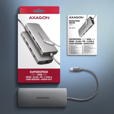 AXAGON HMC-8HLSA Wieloportowy koncentrator USB-C 3.2 Gen 1, 3x USB-A + 4K/60Hz HDMI + SD/microSD, Gigabit LAN, Audio, PD 100W - AXAGON HMC-8HLSA Wieloportowy koncentrator USB-C 3.2 Gen 1, 3x USB-A + 4K/60Hz HDMI + SD/microSD, Gigabit LAN, Audio, PD 100W -