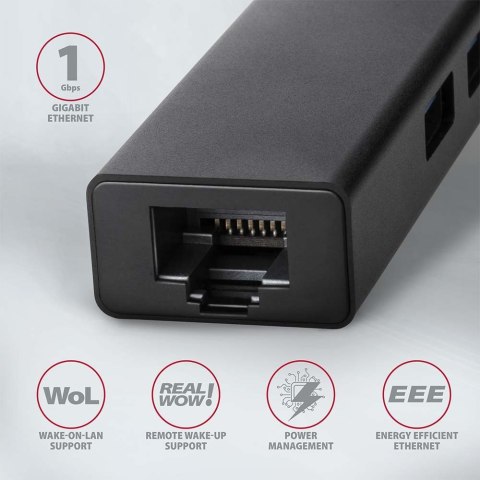 Axagon HMA-GL3A Multiport-Hub USB 3.0 Typ A Gbit-LAN 3x USB-A microSD Przewodowa USB 3.2 Gen 1 (3.1 Gen 1) Type-A Czarny Axagon HMA-GL3A Multiport-Hub USB 3.0 Typ A Gbit-LAN 3x USB-A microSD Przewodowa USB 3.2 Gen 1 (3.1 Gen 1) Type-A Czarny