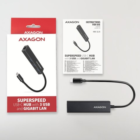 Axagon HMC-GL3A USB-C-Hub 3x USB-A Gbit-LAN schwarz USB 3.2 Gen 1 (3.1 Gen 1) Type-C 5000 Mbit/s Czarny Axagon HMC-GL3A USB-C-Hub 3x USB-A Gbit-LAN schwarz USB 3.2 Gen 1 (3.1 Gen 1) Type-C 5000 Mbit/s Czarny
