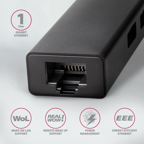 Axagon HMC-GL3A USB-C-Hub 3x USB-A Gbit-LAN schwarz USB 3.2 Gen 1 (3.1 Gen 1) Type-C 5000 Mbit/s Czarny Axagon HMC-GL3A USB-C-Hub 3x USB-A Gbit-LAN schwarz USB 3.2 Gen 1 (3.1 Gen 1) Type-C 5000 Mbit/s Czarny