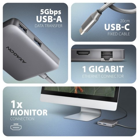 Axagon N HMC-5HL USB 5Gbps hub 2x USB-A HDMI 4k/60Hz RJ-45 GLAN PD 100W kabel USB-C Przewodowa USB 3.2 Gen 1 (3.1 Gen 1) Type-C Axagon N HMC-5HL USB 5Gbps hub 2x USB-A HDMI 4k/60Hz RJ-45 GLAN PD 100W kabel USB-C Przewodowa USB 3.2 Gen 1 (3.1 Gen 1) Type-C