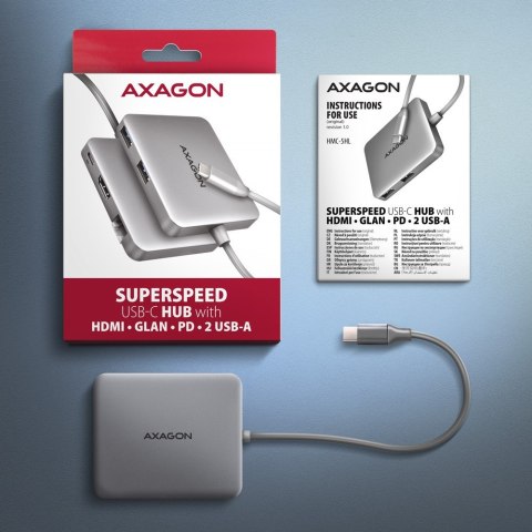 Axagon N HMC-5HL USB 5Gbps hub 2x USB-A HDMI 4k/60Hz RJ-45 GLAN PD 100W kabel USB-C Przewodowa USB 3.2 Gen 1 (3.1 Gen 1) Type-C Axagon N HMC-5HL USB 5Gbps hub 2x USB-A HDMI 4k/60Hz RJ-45 GLAN PD 100W kabel USB-C Przewodowa USB 3.2 Gen 1 (3.1 Gen 1) Type-C