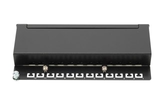Digitus Panel krosowy desktop 12x RJ45, LSA poziom, kat.6A, ekranowany, czarny, prowadnica kabli