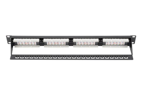 Digitus Panel krosowy (patch panel) 19'' 24x RJ45, LSA pion, kat.6, nieekranowany, 1U, czarny, prowadnica kabli, pola opisowe Digitus Panel krosowy (patch panel) 19'' 24x RJ45, LSA pion, kat.6, nieekranowany, 1U, czarny, prowadnica kabli, pola opisowe