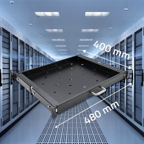 QOLTEC PÓŁKA Z UCHWYTEM DO SZAFY RACK | 600*600 | WYSUWANA | CZARNA