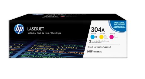 HP 304A zestaw 3 oryginalnych wkładów z tonerem LaserJet: błękitny/purpurowy/żółty HP 304A zestaw 3 oryginalnych wkładów z tonerem LaserJet: błękitny/purpurowy/żółty