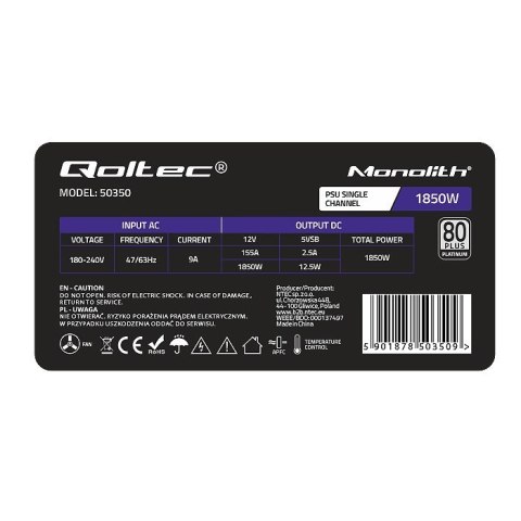 QOLTEC ZASILACZ PCI-E 1850W | 80 PLUS PLATINUM | GAMING MINER QOLTEC ZASILACZ PCI-E 1850W | 80 PLUS PLATINUM | GAMING MINER