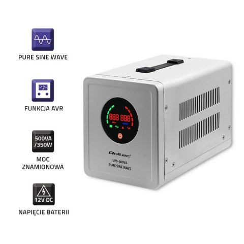 QOLTEC ZASILACZ AWARYJNY PURE SINE WAVE UPS | 500VA | 350W | SZARY QOLTEC ZASILACZ AWARYJNY PURE SINE WAVE UPS | 500VA | 350W | SZARY