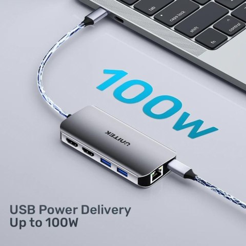 UNITEK AKTYWNY HUB USB-C 2X HDMI 4K, RJ45, PD 100W UNITEK AKTYWNY HUB USB-C 2X HDMI 4K, RJ45, PD 100W