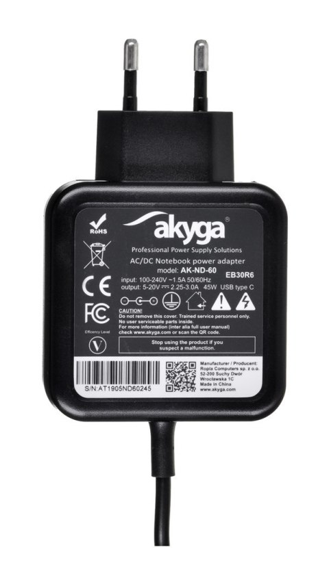 Zasilacz sieciowy Akyga AK-ND-60 do notebooka (20 V; 2,25 A, 2,31 A, 2,37 A, 2,64 A, 3,0 A; 45W; USB Typ C ) Zasilacz sieciowy Akyga AK-ND-60 do notebooka (20 V; 2,25 A, 2,31 A, 2,37 A, 2,64 A, 3,0 A; 45W; USB Typ C )